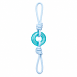 Blue dog toy with a rope on a white background