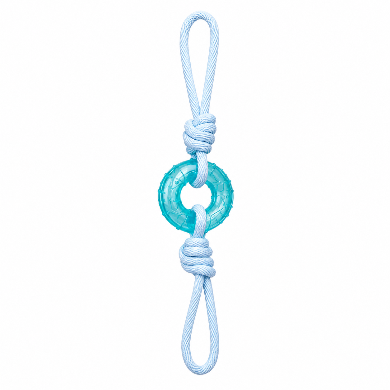Blue dog toy with a rope on a white background