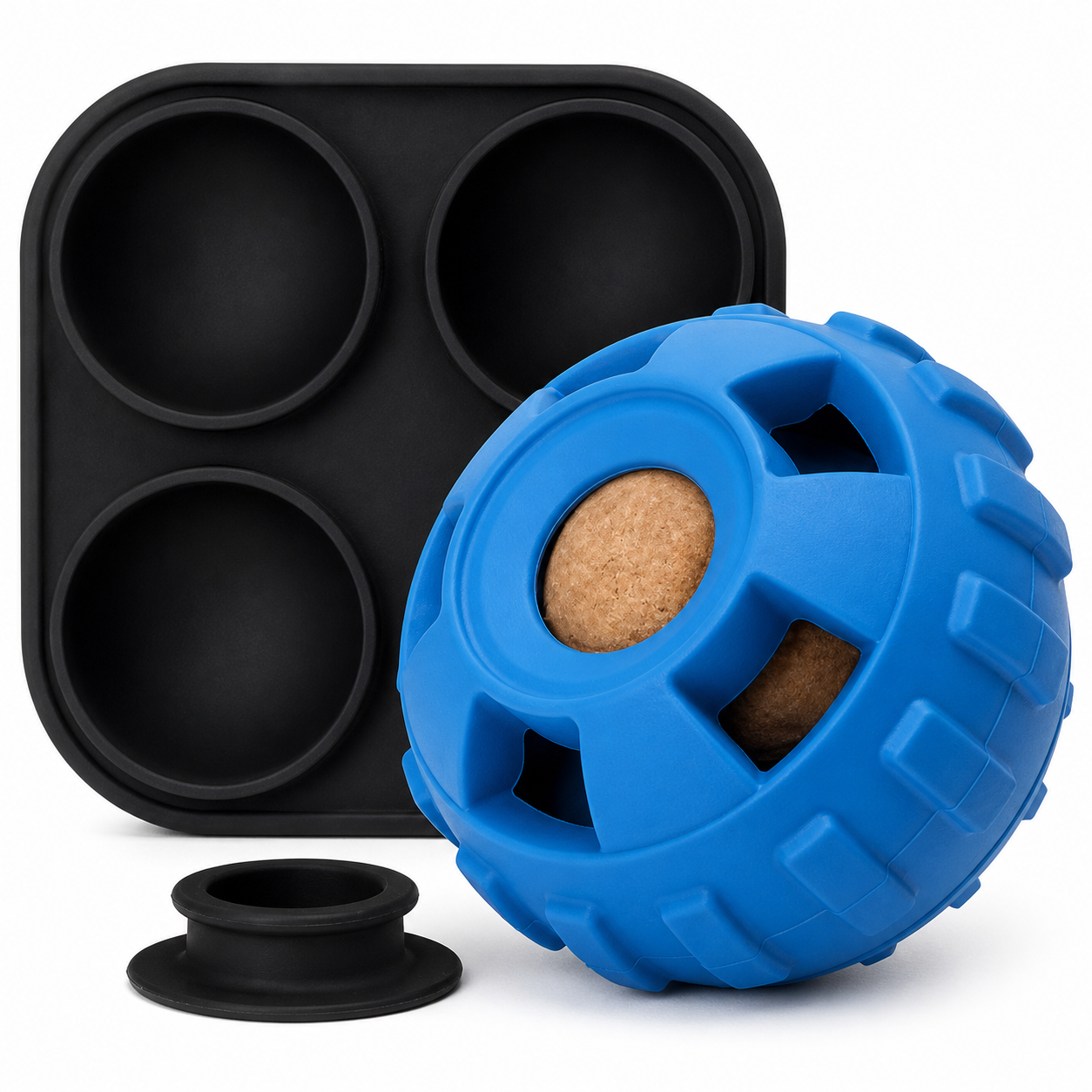 Blue silicone ball with cork center and black silicone mold on a white background