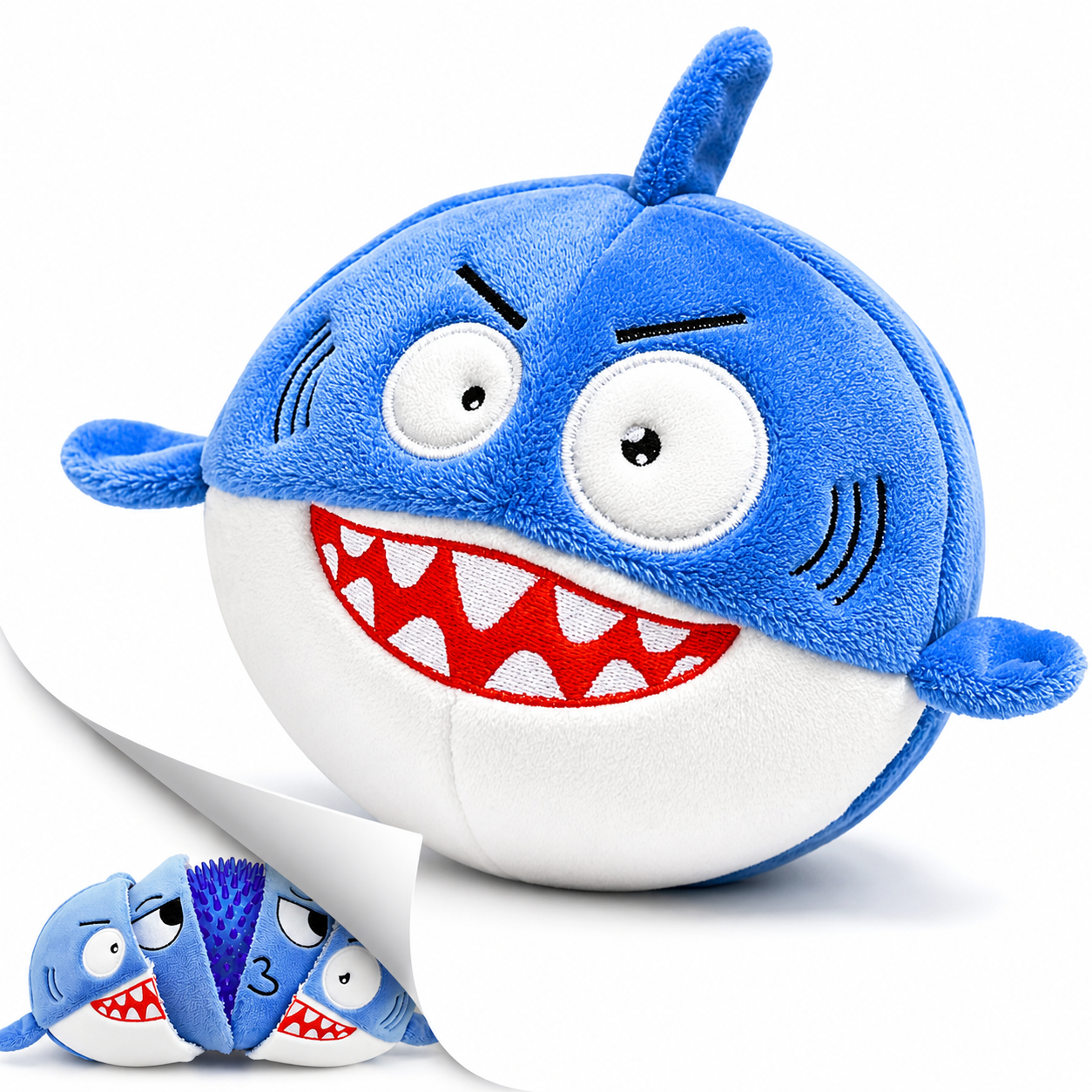 Blue plush shark toy with a large smile on a white background