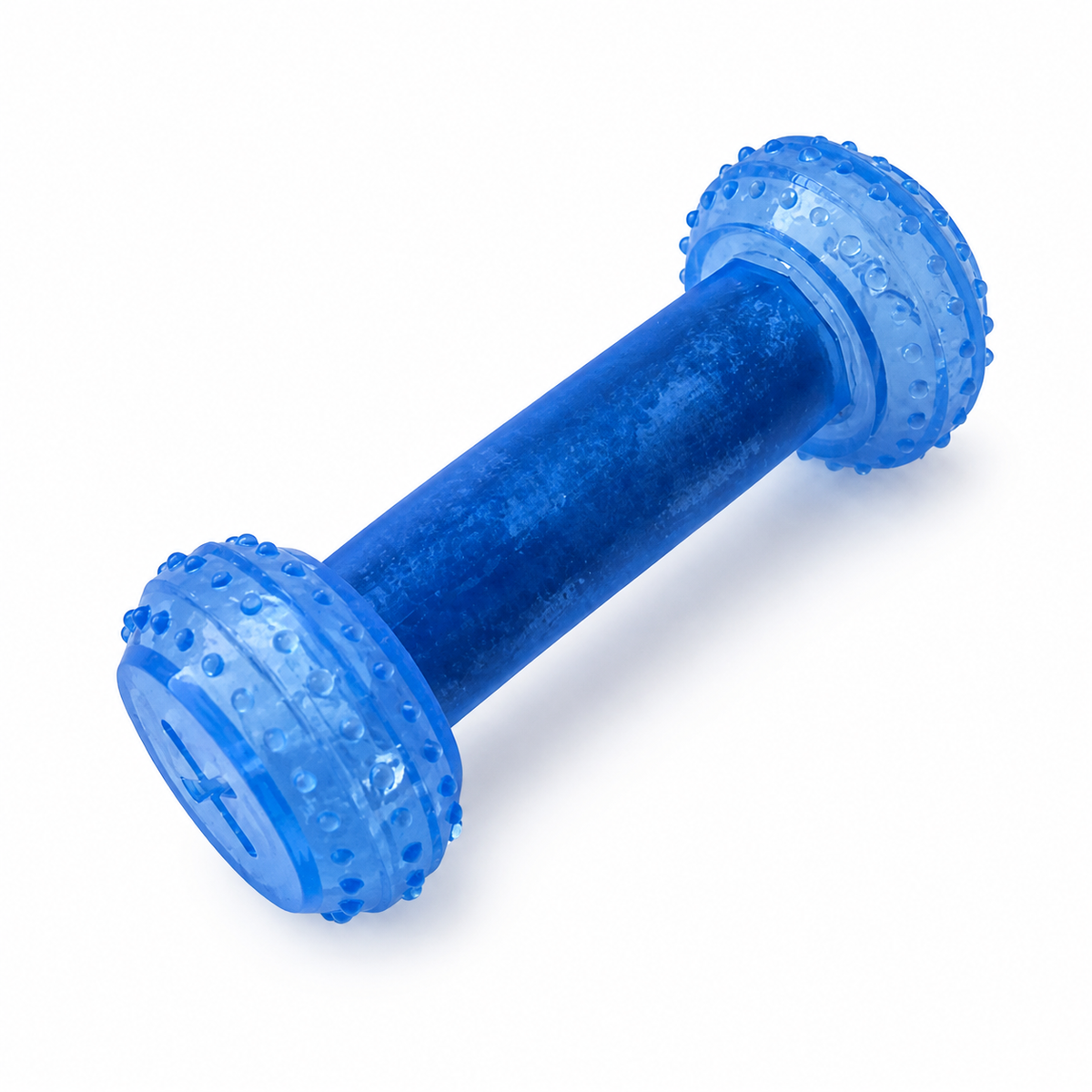 Blue dog toy shaped like a dumbbell on a white background