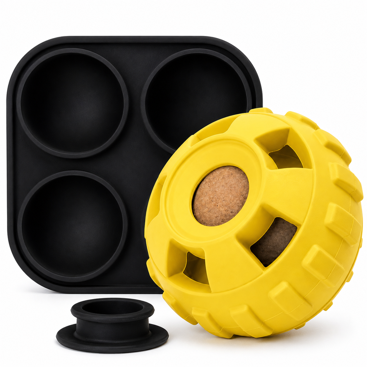 Black silicone mold and yellow textured object on a white background