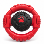 Red and black dog toy with a paw print on a white background