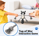 Child and dog playing tug of war with a raccoon-shaped rope toy.