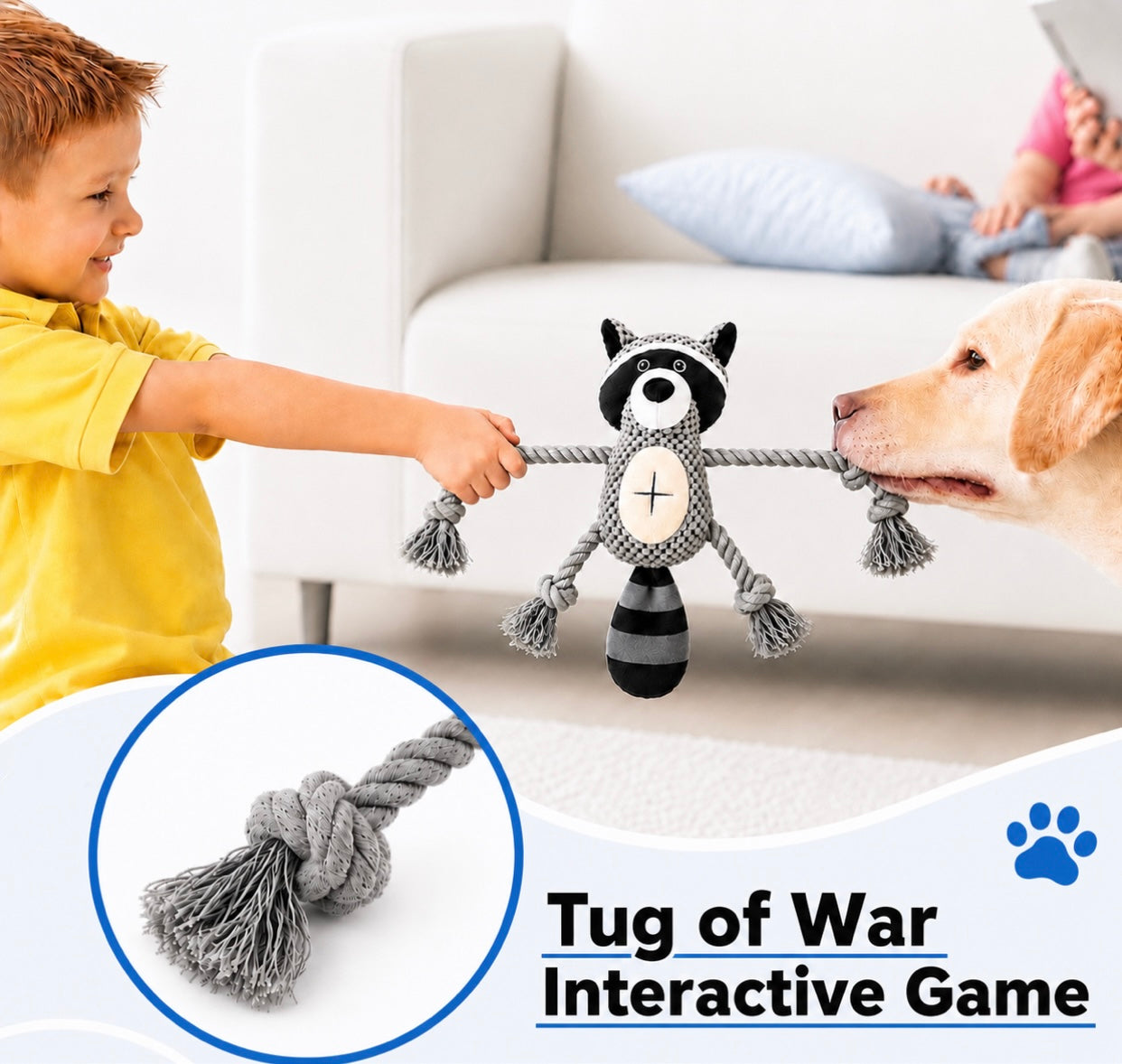 Child and dog playing tug of war with a raccoon-shaped rope toy.