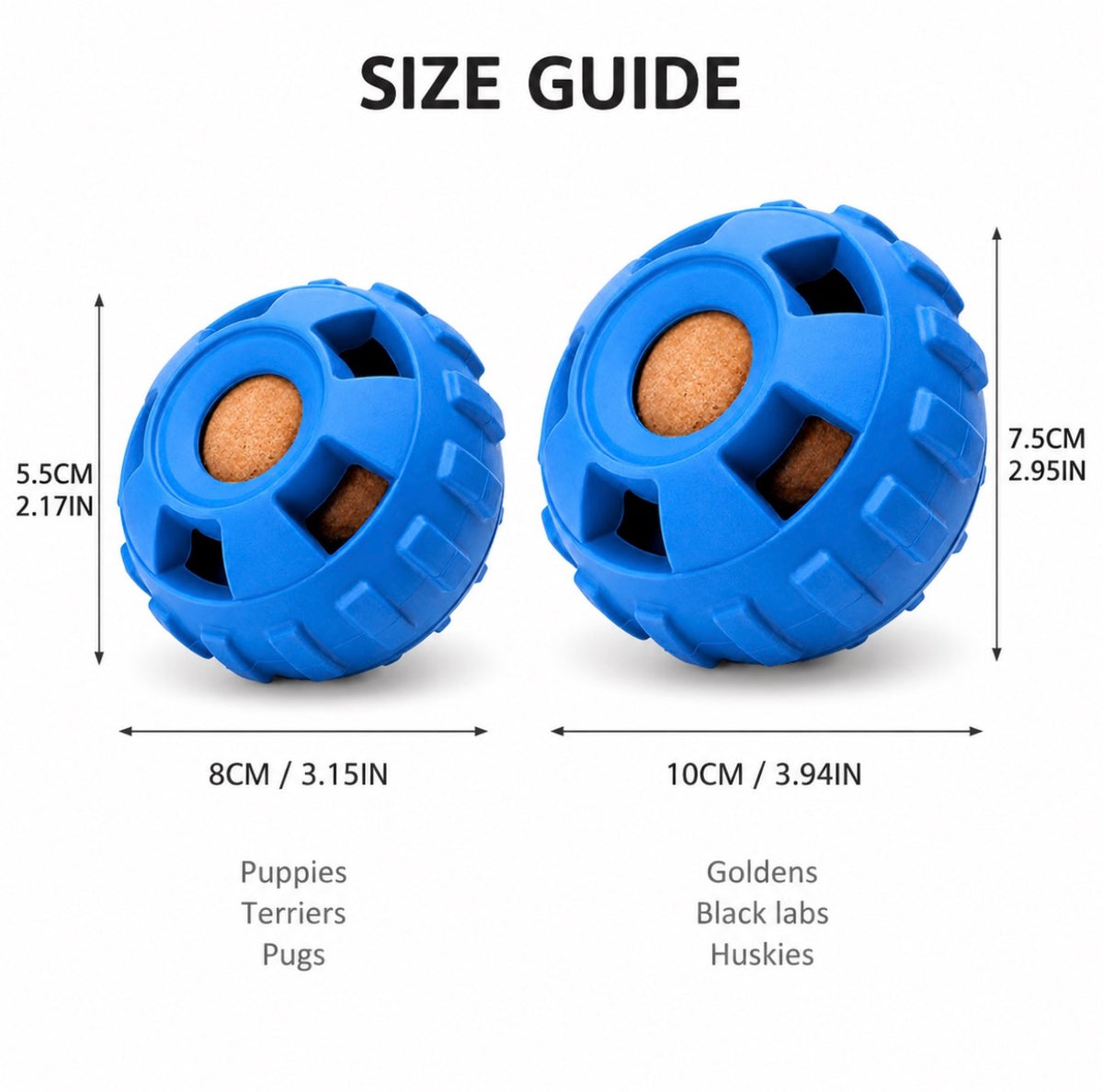 Blue dog toy with cork center and size guide for puppies, terriers, pugs, goldens, black labs, and huskies.