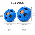 Blue dog toy with cork center and size guide for puppies, terriers, pugs, goldens, black labs, and huskies.