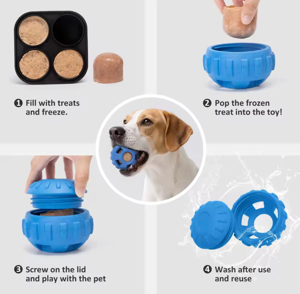 Dog toy with steps on how to use it, including filling with treats, freezing, and playing.
