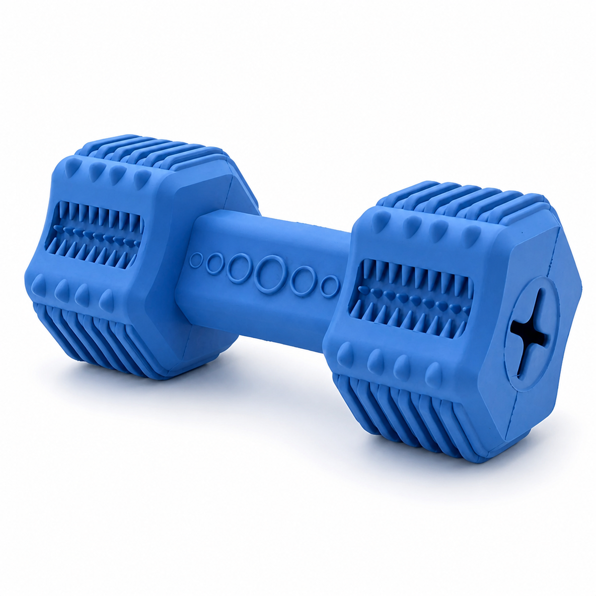 Blue dog chew toy with textured surface on a white background