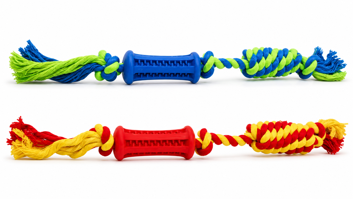Colorful dog toy with rope and chewable center on a white background