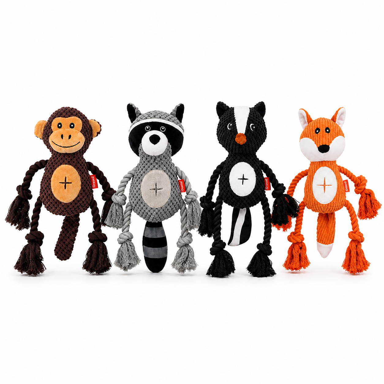 Four animal-themed dog toys with ropes on a white background