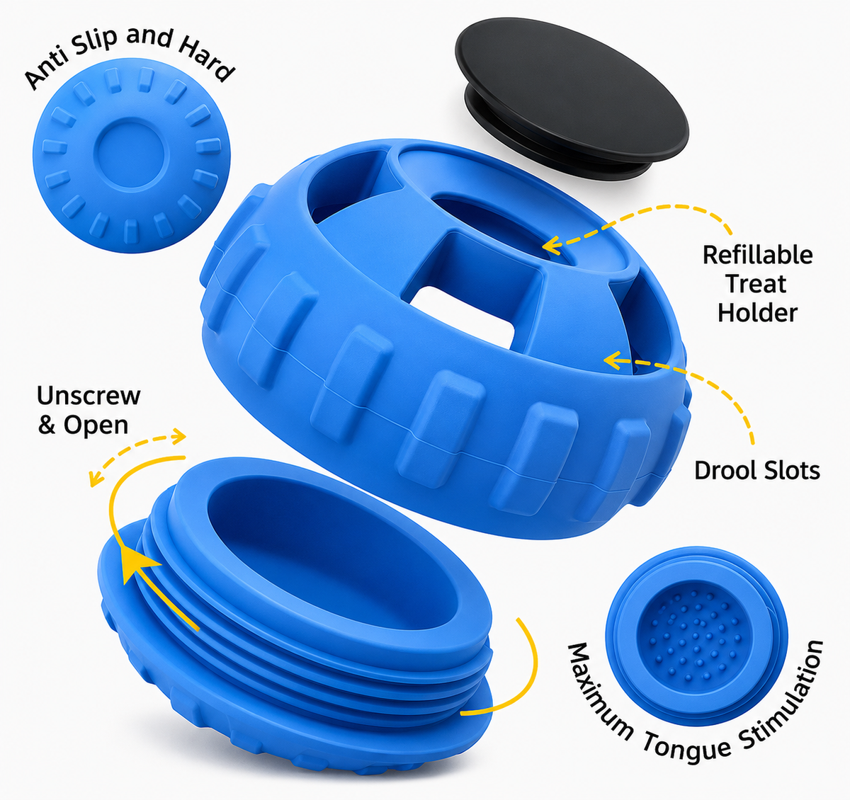 Blue silicone treat holder with features highlighted on a white background