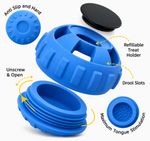 Blue silicone treat holder with features highlighted on a white background