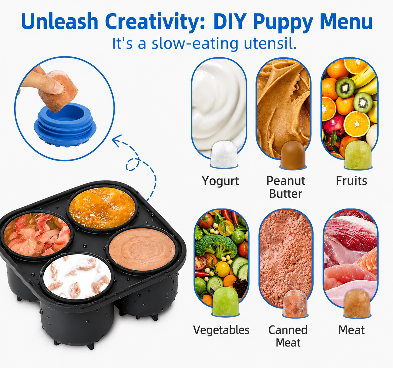 Product advertisement for a DIY puppy menu with various food items and a slow-eating utensil.