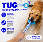 Dog playing with a blue tug toy, with text highlighting features like durability and ease of use.