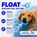 Dog playing with a blue float toy in water, with text about the toy's features.