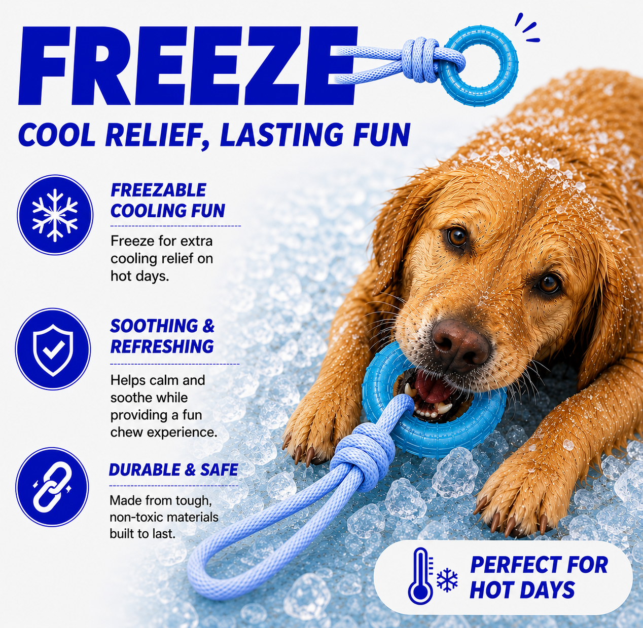 Dog playing with a blue Freeze dog toy on a snowy day