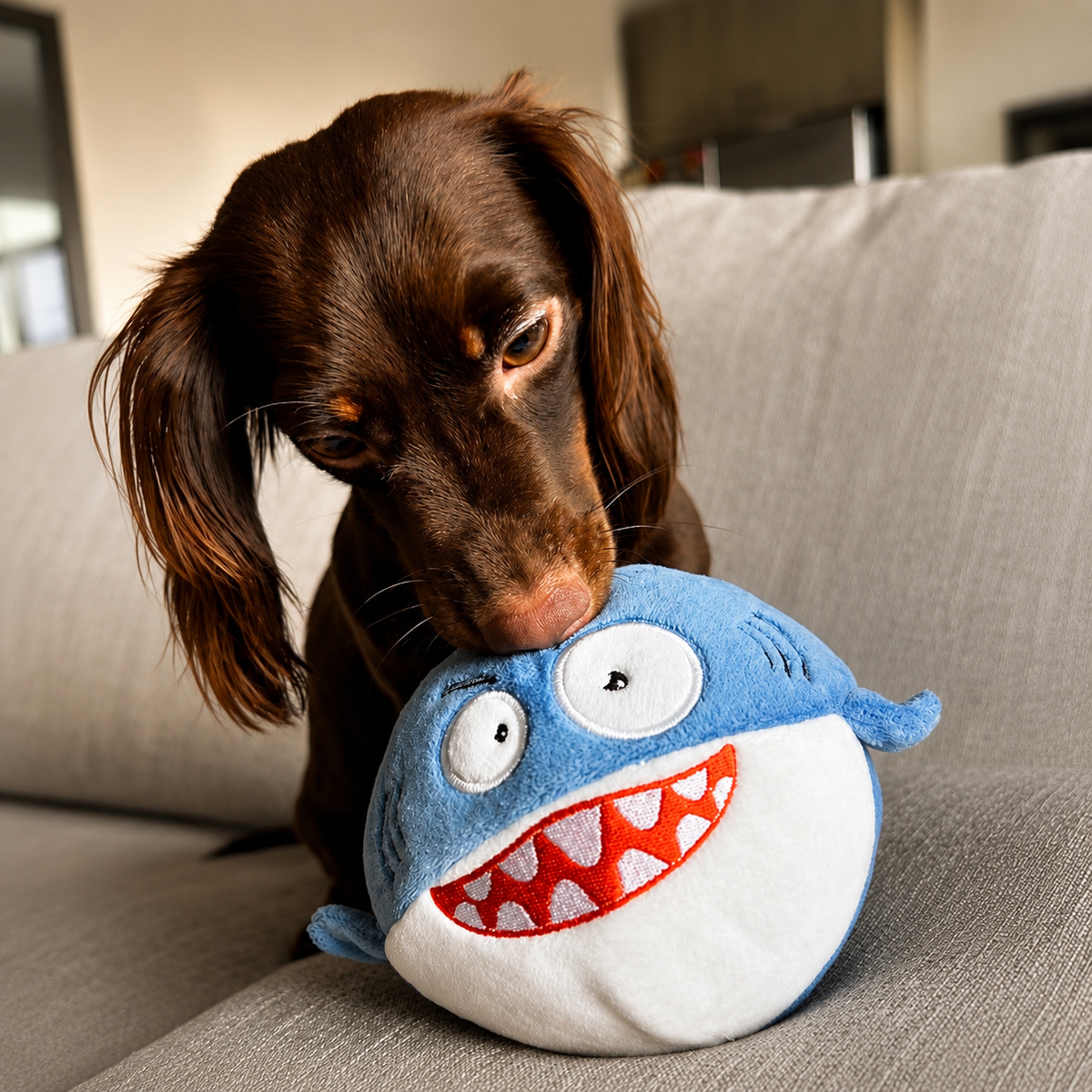 Dog playing with a blue shark-shaped toy on a couch