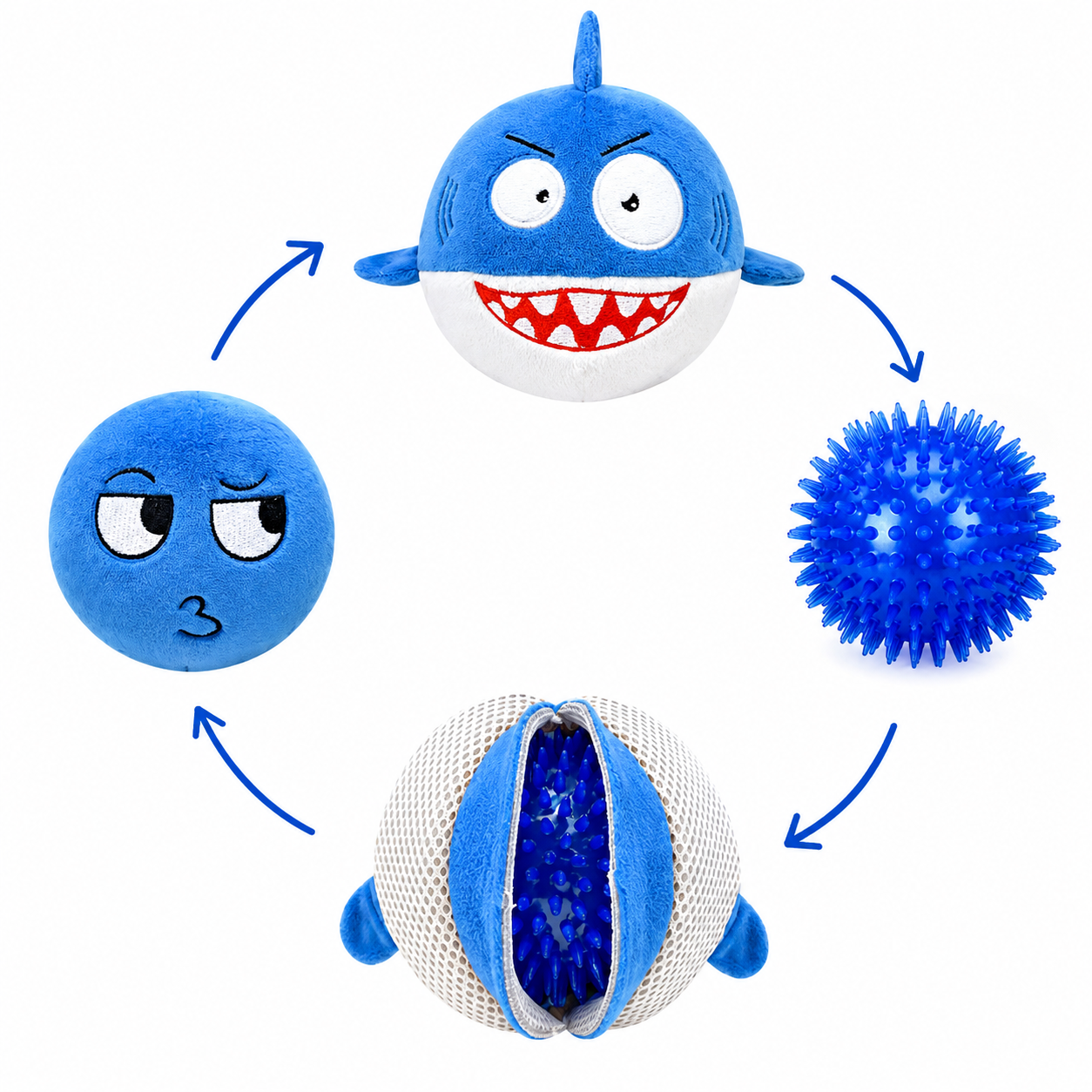 Blue shark-shaped toy with different textured parts on a white background