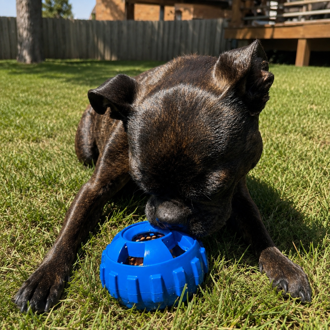 Dog playing with a blue ball on grass