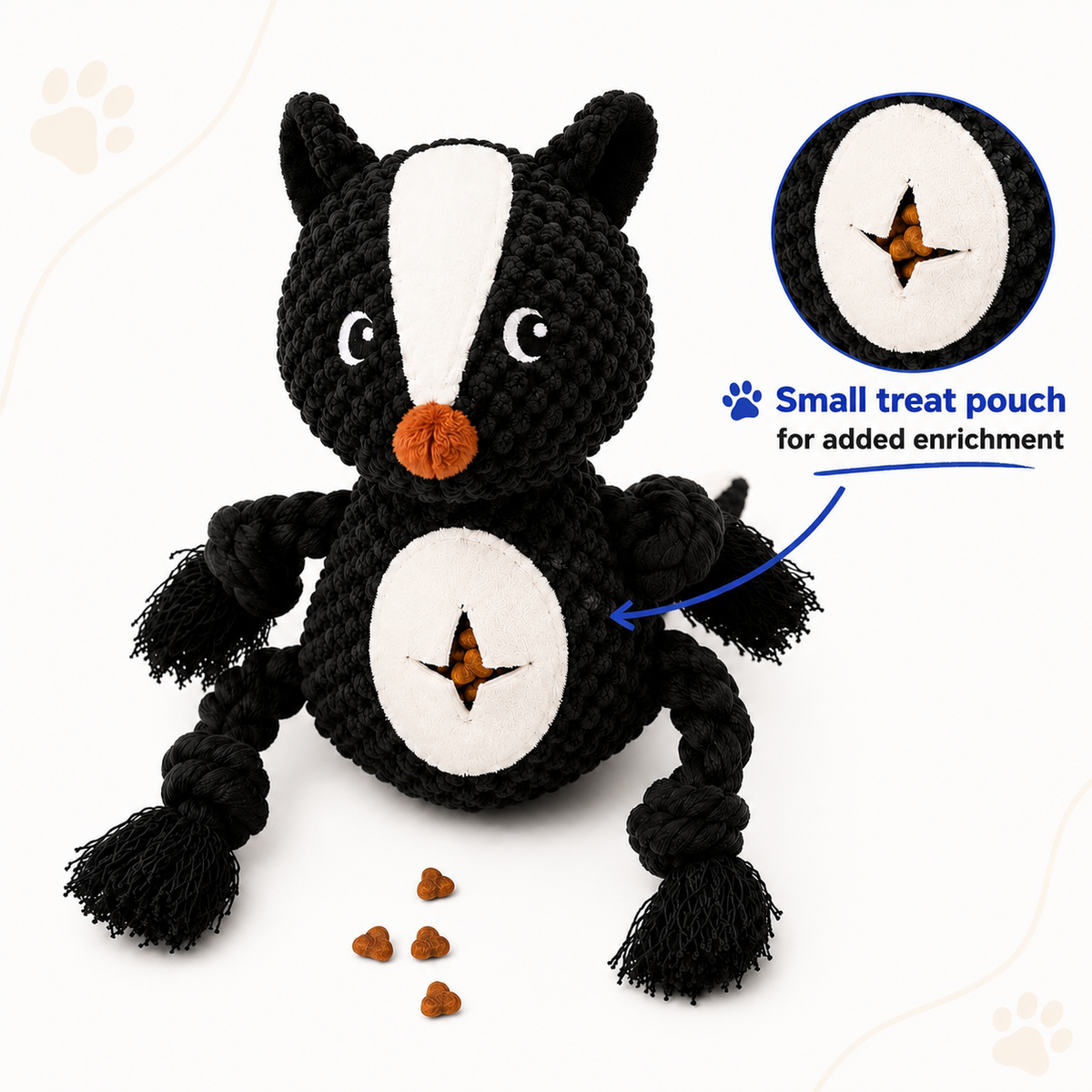 Black and white skunk-shaped dog toy with a small treat pouch on a white background