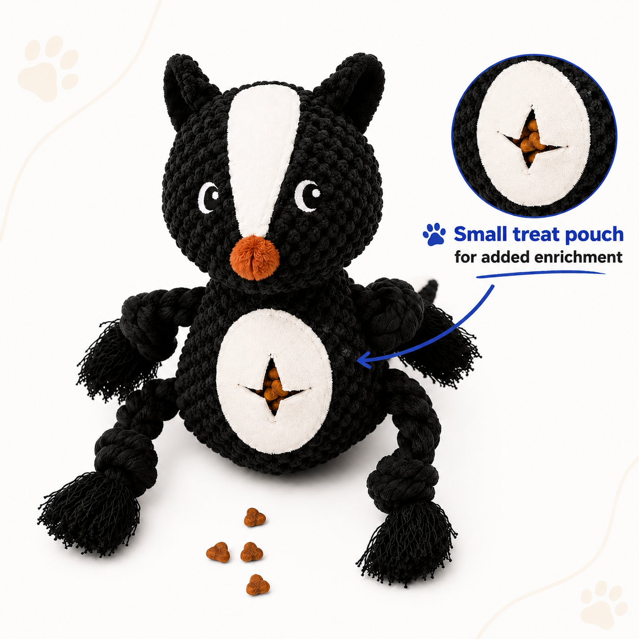 Black and white skunk-shaped dog toy with a small treat pouch on a white background