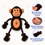 Dog toy shaped like a monkey with crinkle paper, squeaker, and durable rope on a white background