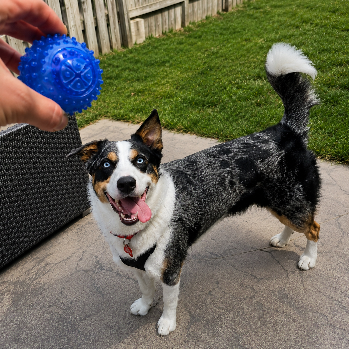 Dog standing on a patio with a blue ball held by a hand, grass and wooden fence in the background