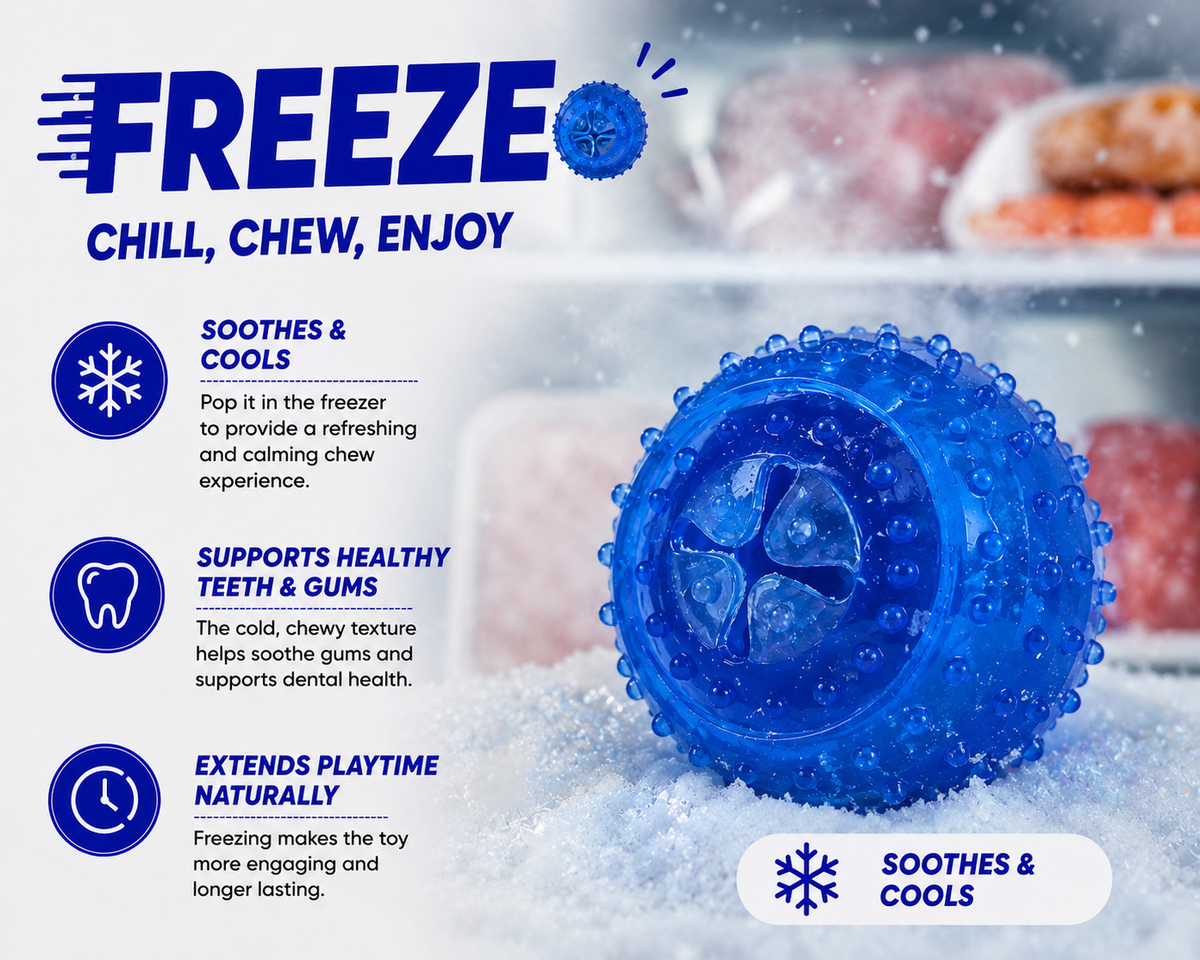 Blue Freeze toy with text about its benefits on a snowy background