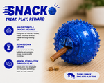 Blue dog toy with text on a wooden surface