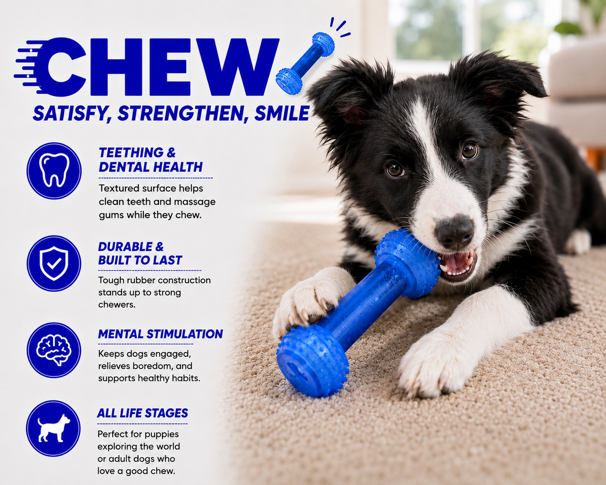 Dog playing with a blue chew toy, surrounded by text highlighting features of the toy.
