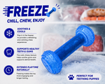 Blue dog chew toy in a freezer with text about its benefits