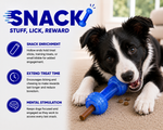 Dog playing with a blue toy, with text about 'Snack' product features.