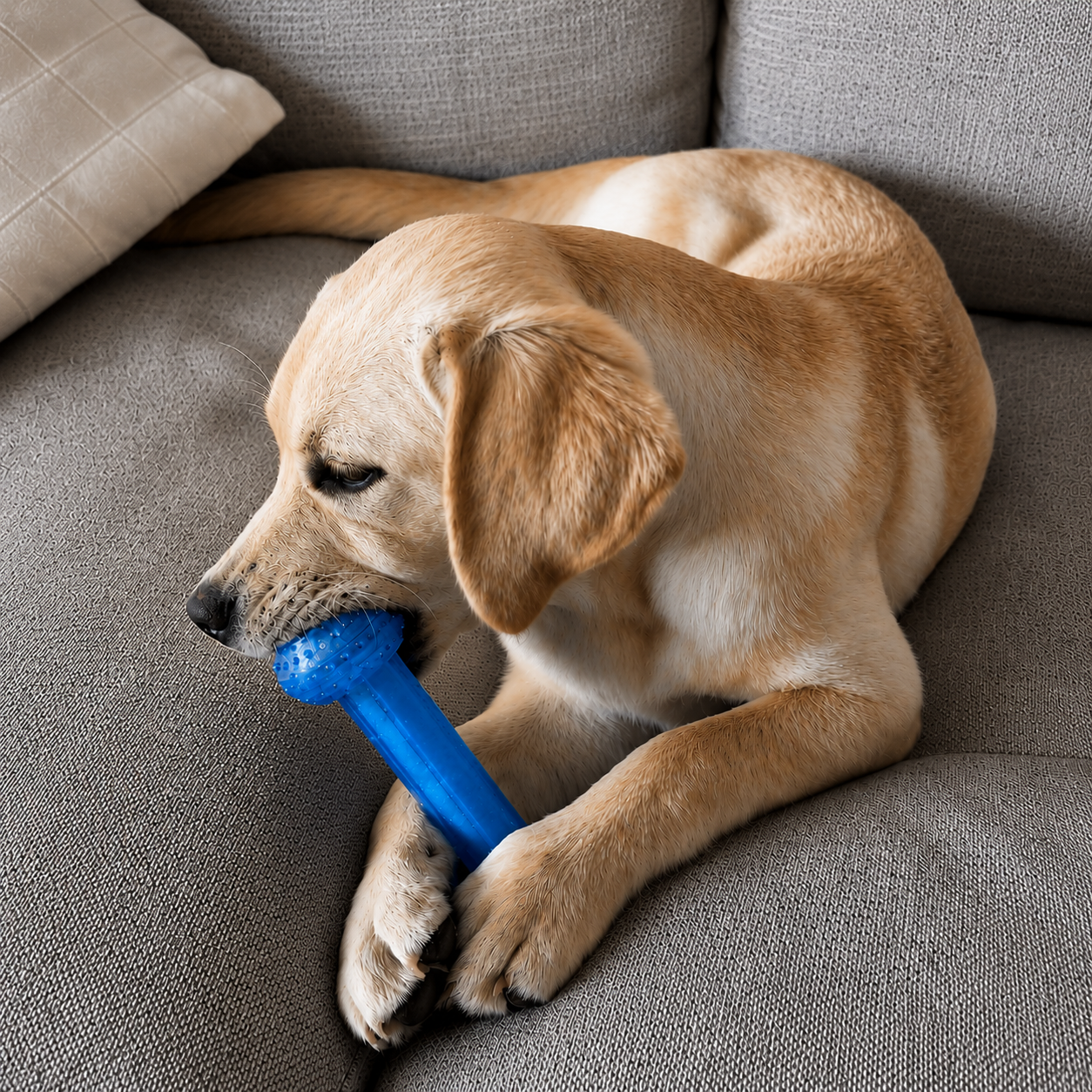 Dog playing with a blue toy on a gray couch