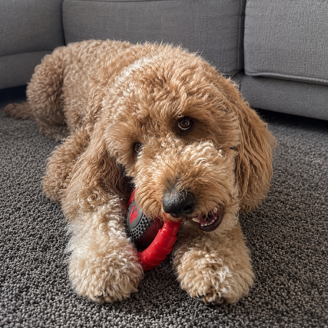 Dog playing with a red toy on a carpeted floor.