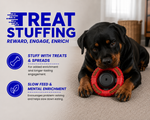 Dog playing with a red toy, surrounded by text about treat stuffing for dogs.