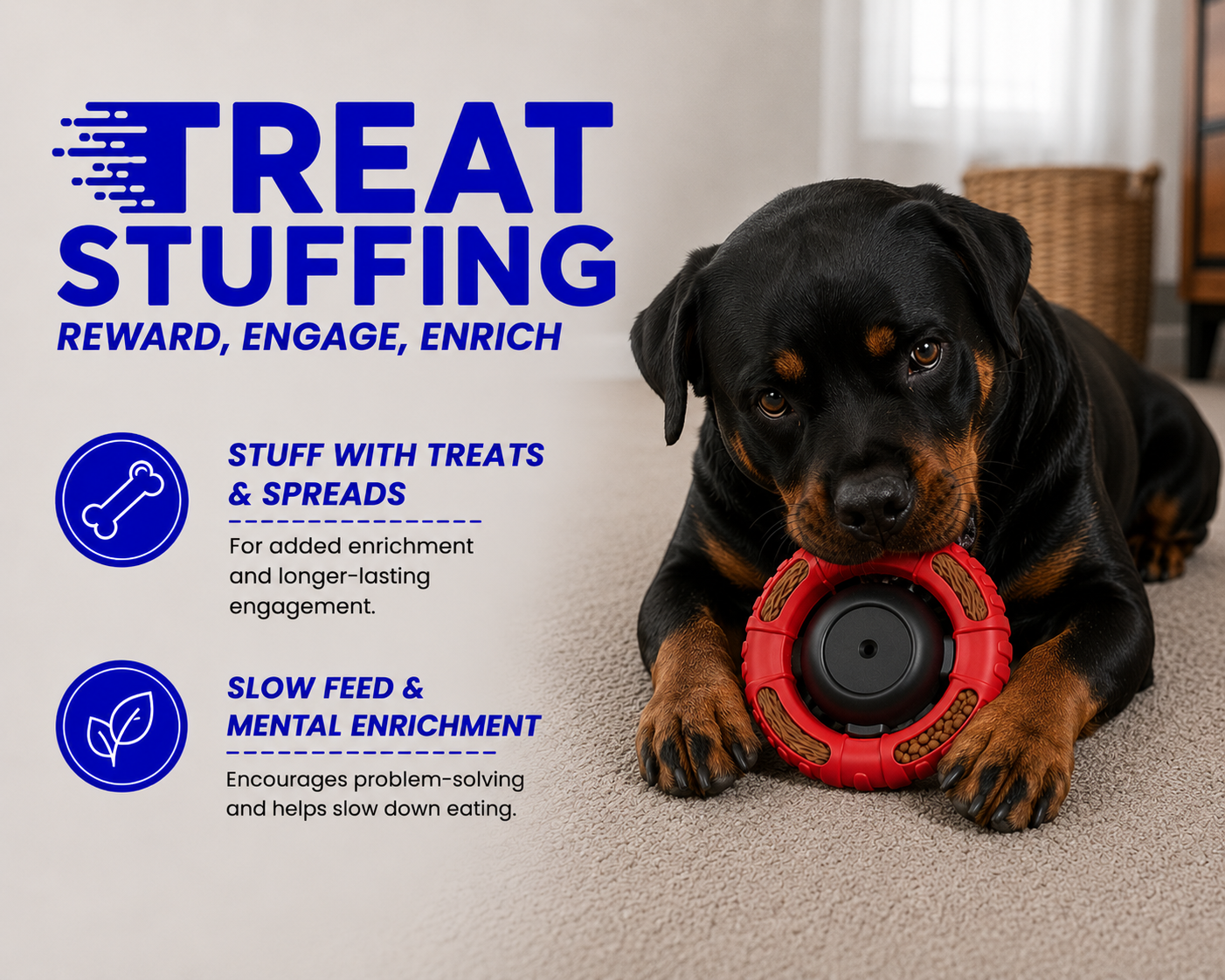 Dog playing with a red toy, surrounded by text about treat stuffing for dogs.