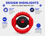 Red and black dog toy with design highlights on a white background