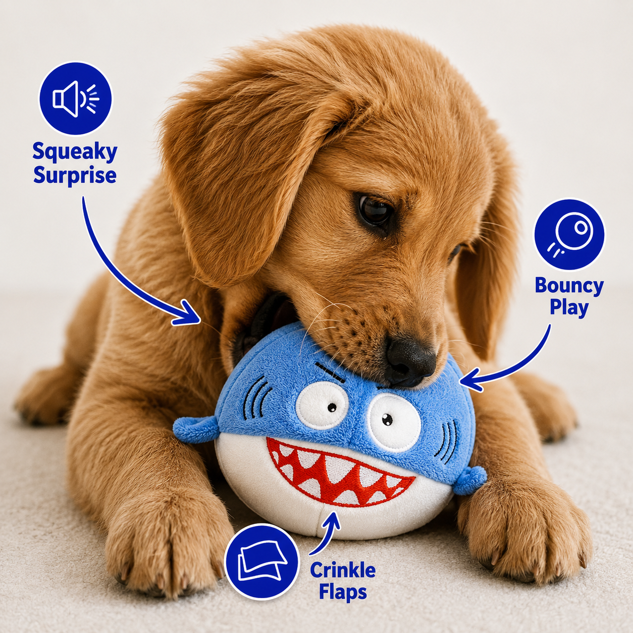 Dog playing with a blue toy shaped like a shark, with text labels for features.