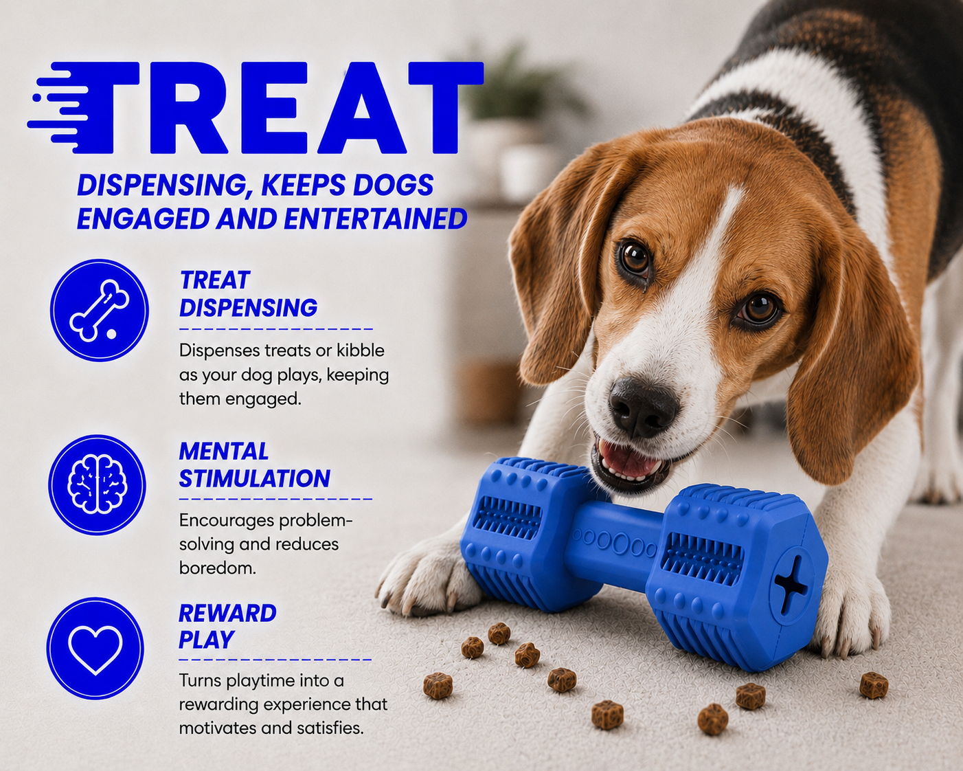 Dog playing with a blue treat dispensing toy on a carpeted floor.