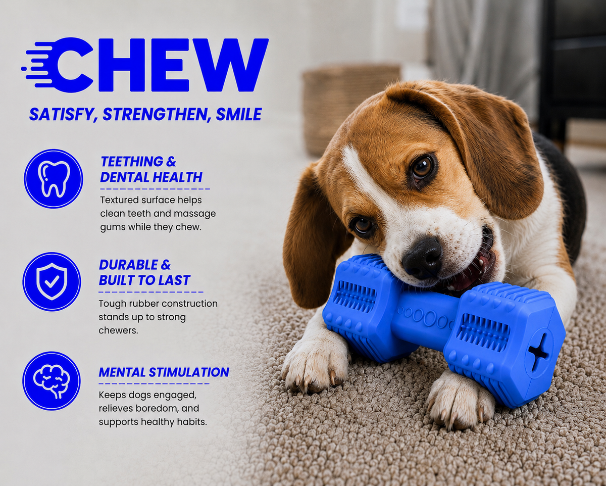 Dog playing with a blue chew toy on a carpeted floor, with text highlighting features like teething, durability, and mental stimulation.
