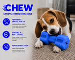 Dog playing with a blue chew toy on a carpeted floor, with text highlighting features like teething, durability, and mental stimulation.