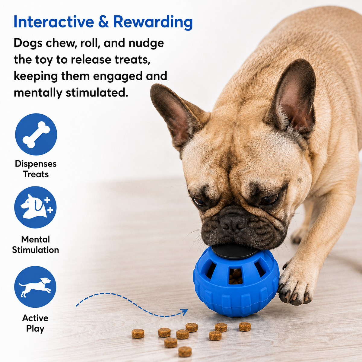 Dog playing with a blue treat dispensing toy on a light surface.